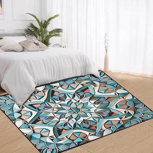 intricate pattern, pale blue-green and white Area Rug with Black Binding 7'x5'