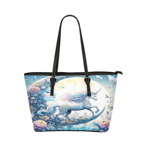 Unicorn And The Moon Leather Tote Bag/Small (Model 1651)