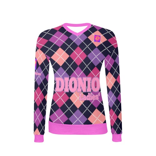 DIONIO Clothing - Ladies' Argyle Pink,Black & Lavender V-Neck Sweater (Pink D-Shield Logo) Women's All Over Print V-Neck Sweater (Model H48)