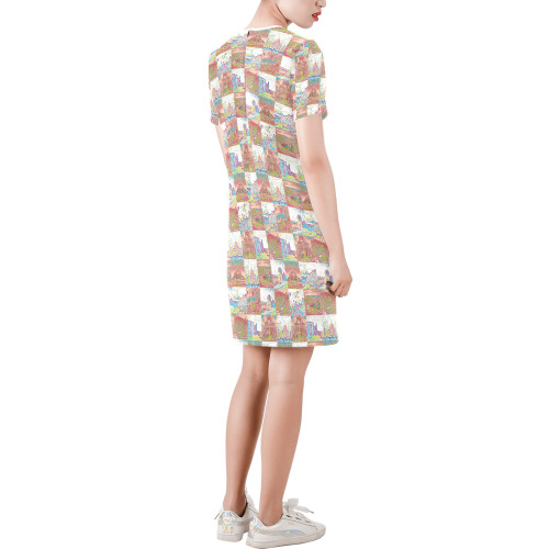 Big Pink and White World travel Collage Pattern Short-Sleeve Round Neck A-Line Dress (Model D47)