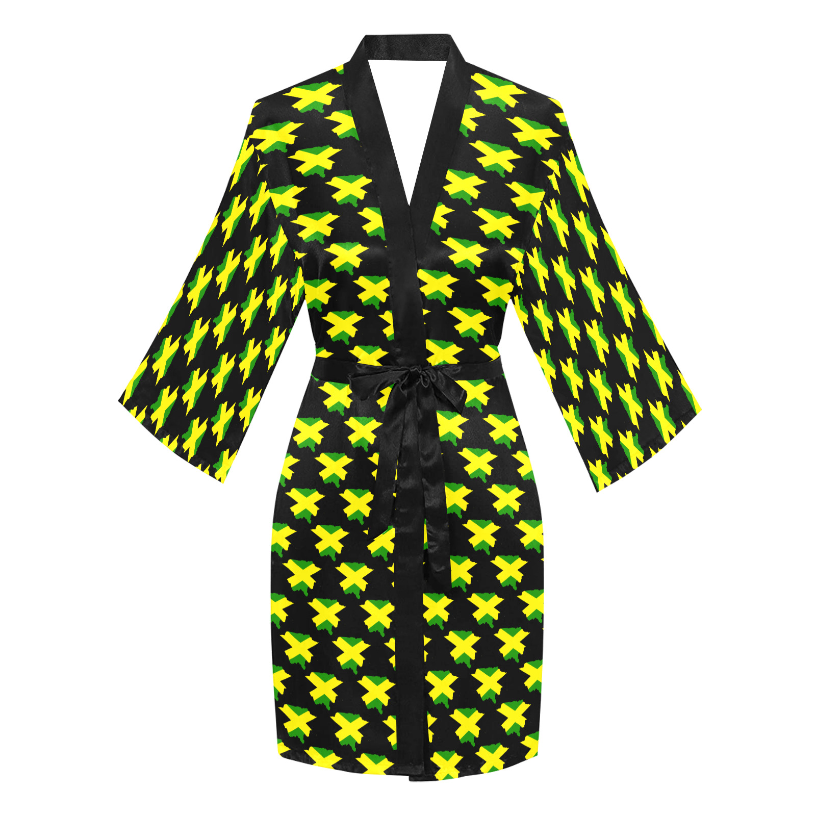 Jamaican Flag Maps Black Long Sleeve Kimono Robe