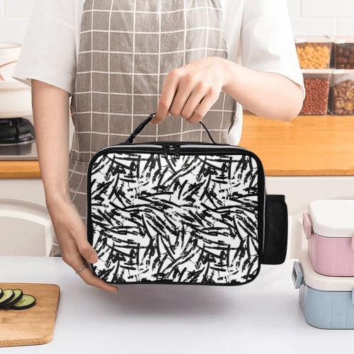 Brush Stroke Black and White PU Leather Lunch Bag (Model 1723)