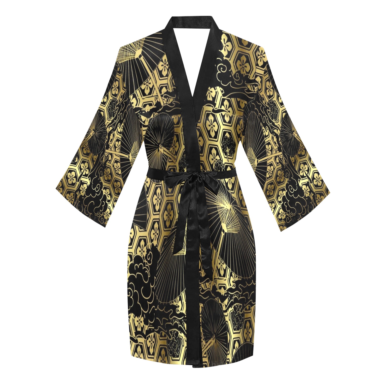 Japanese Gold Screen Pattern Long Sleeve Kimono Robe