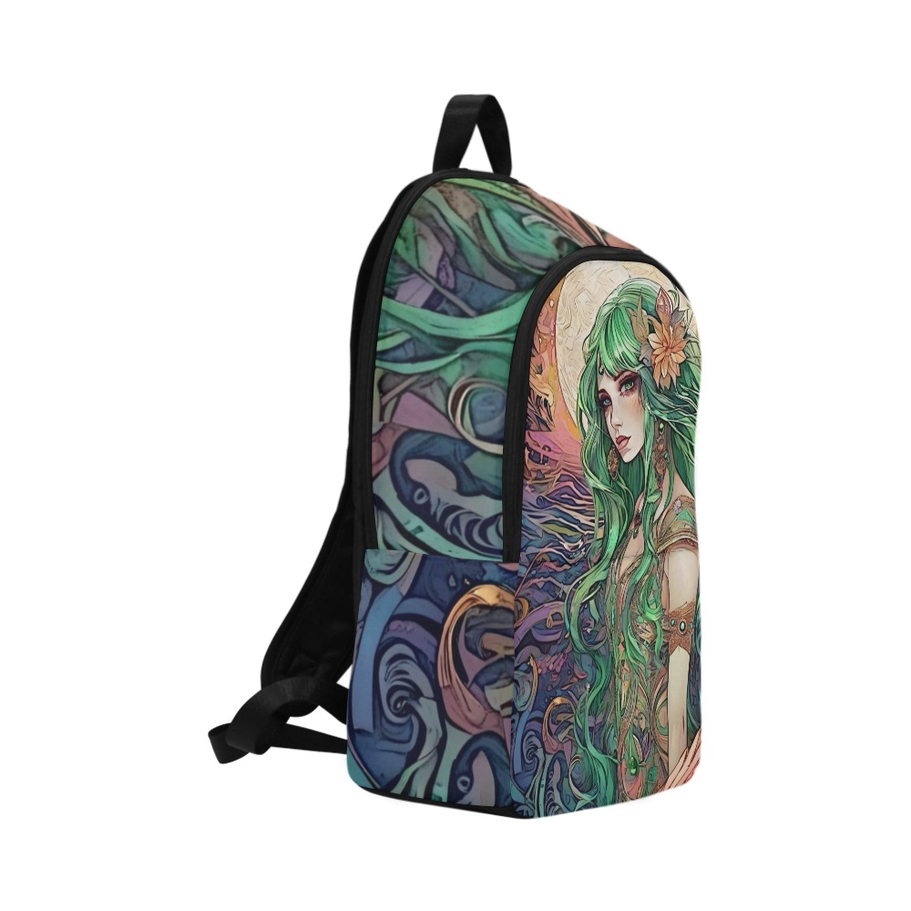 Spiritual Backpack with Green Haired Goddess on a Psychedelic Sunset Background Fabric Backpack for Adult (Model 1659)