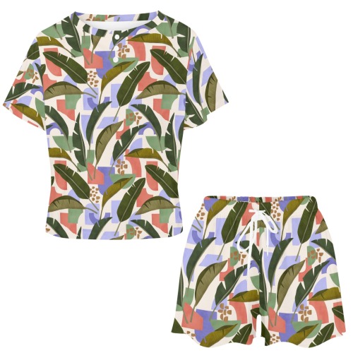 Tropical abstract shapes 935 Women's Mid-Length Shorts Pajama Set