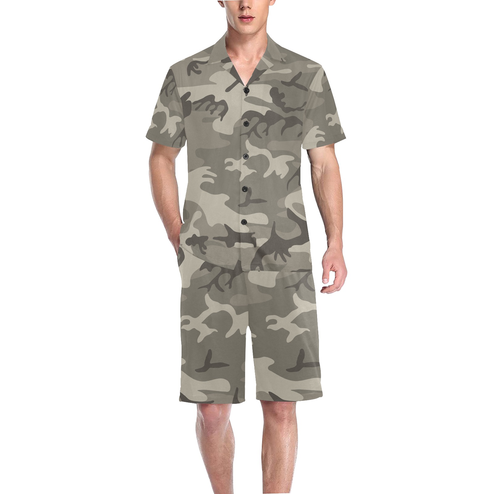 Camo Grey Men's V-Neck Short Pajama Set