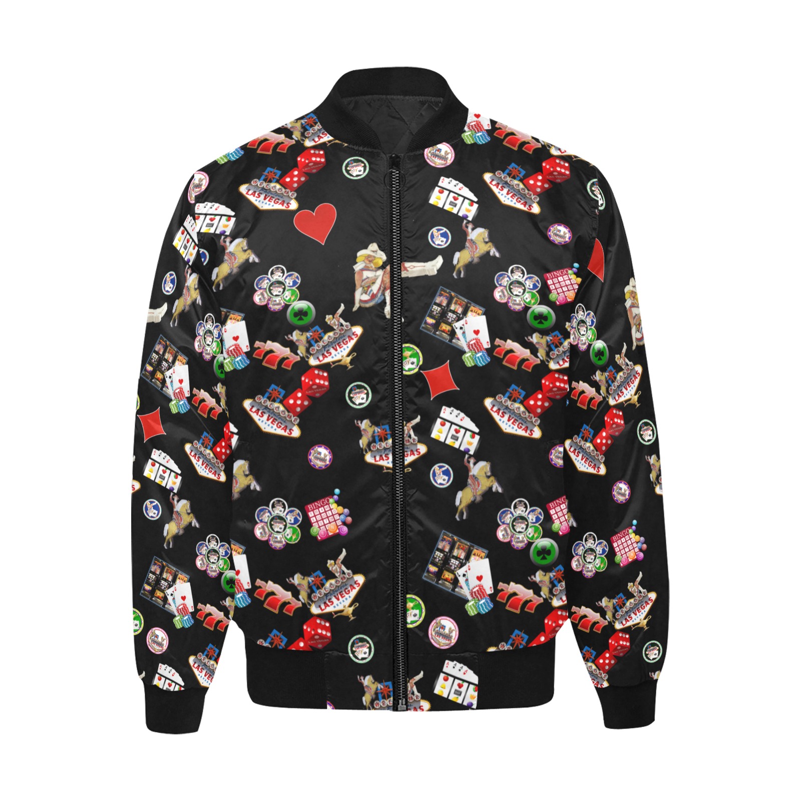 Famous Las Vegas Icons Black All Over Print Quilted Bomber Jacket for Men (Model H33)