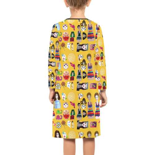 drawing collage yellow Girls' Long Sleeve Dress (Model D59)