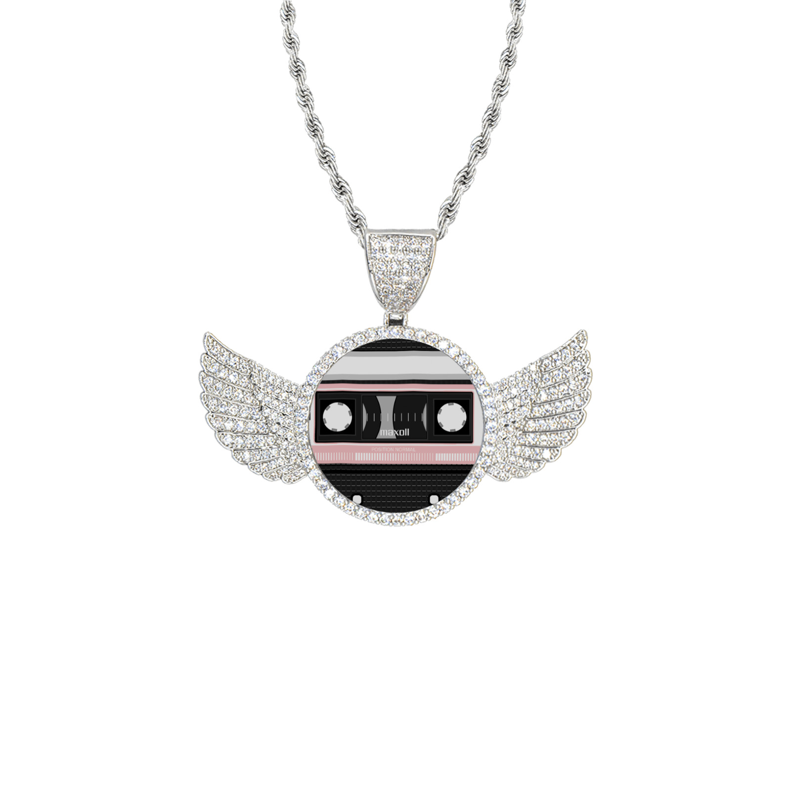 pink compact cassette Wings Silver Photo Pendant with Rope Chain