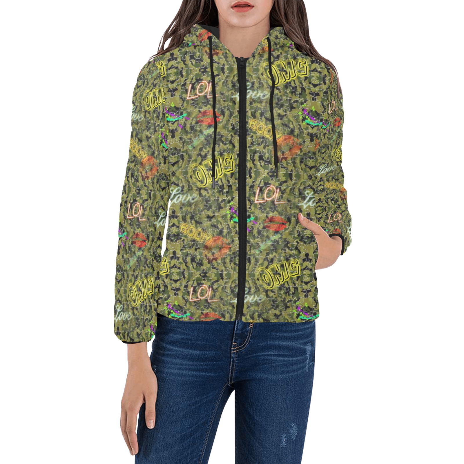 Camouflage Pop Art by Nico Bielow Women's Padded Hooded Jacket (Model H46)