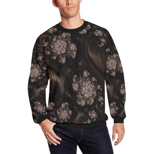Blossoms and Dark Chocolate Swirls Fractal Abstract All Over Print Crewneck Sweatshirt for Men (Model H18)