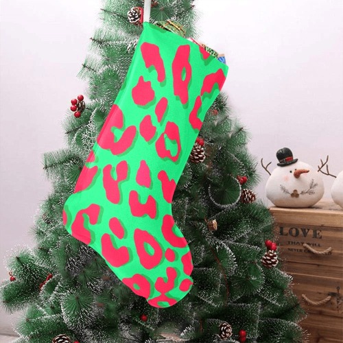 Leopard Print Red Green Christmas Stocking (Without Folded Top)