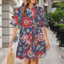 Mosaic red flowers MP Short Sleeve Button Front Shirt Dress