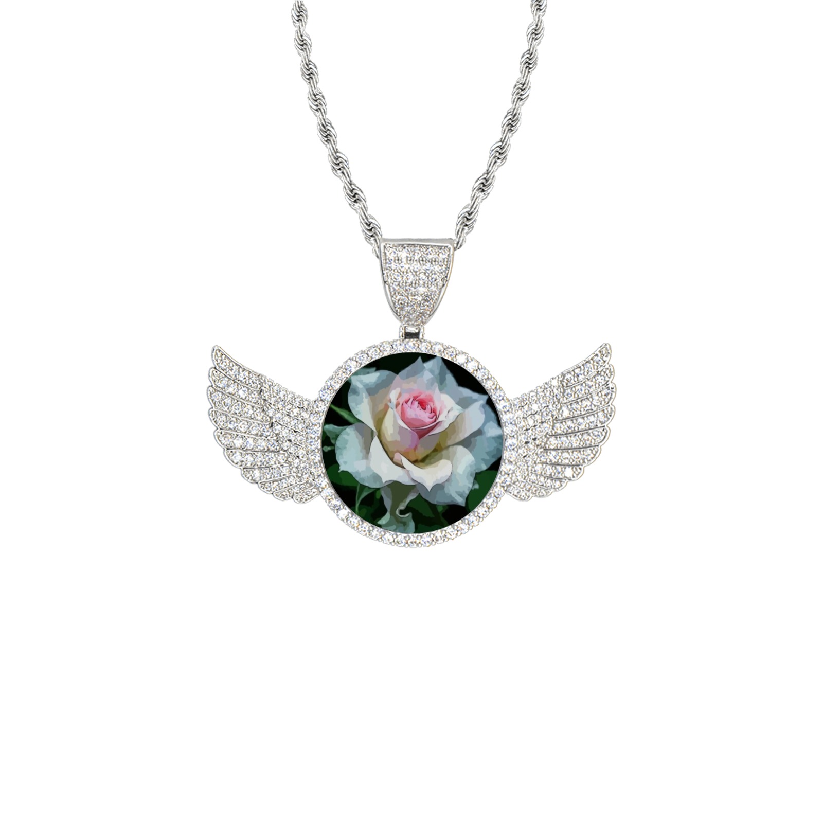 painted rose Wings Silver Photo Pendant with Rope Chain