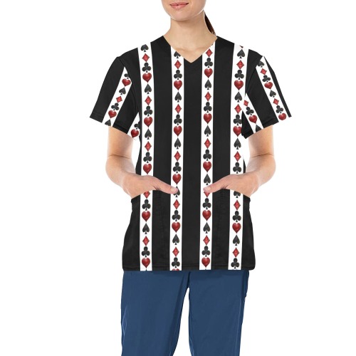 Black Red Playing Card Shapes All Over Print Scrub Top