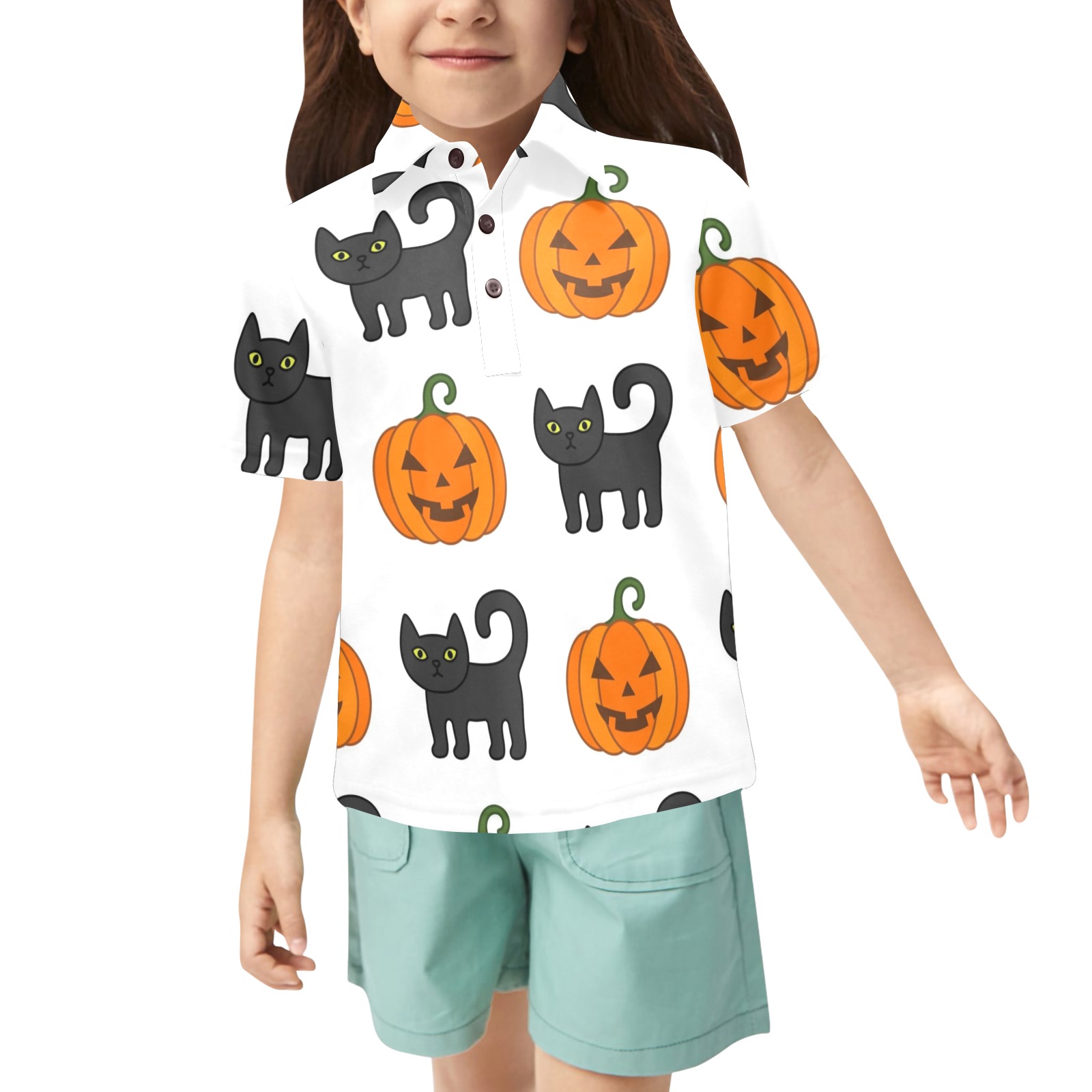 Cats and Pumpkins Little Girls' All Over Print Polo Shirt (Model T55)