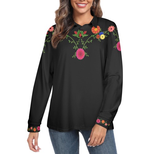 Flowers on the Vine Row / Black Women's Long Sleeve Polo Shirt (Model T73)