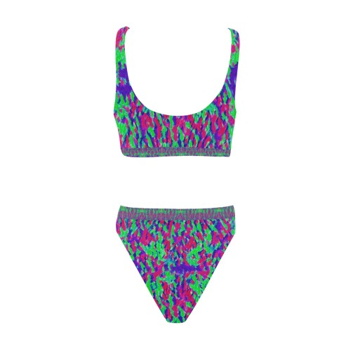 Plumage (pink green) Sport Top & High-Waisted Bikini Swimsuit (Model S07)