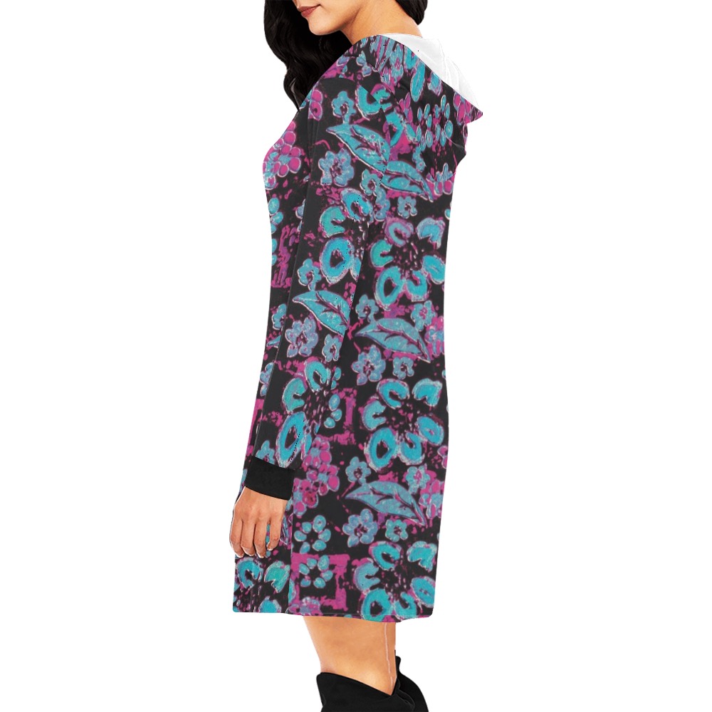 Blue Surrealistic Floral All Over Print Hoodie Mini Dress (Model H27)