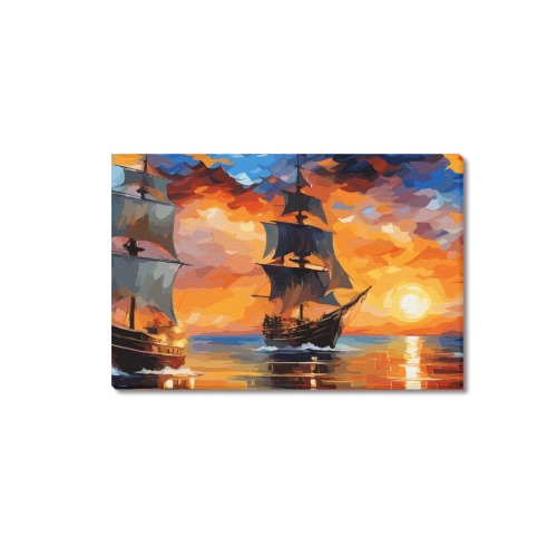 Two pirate ships sail by the island at sunset. Upgraded Canvas Print 18"x12"