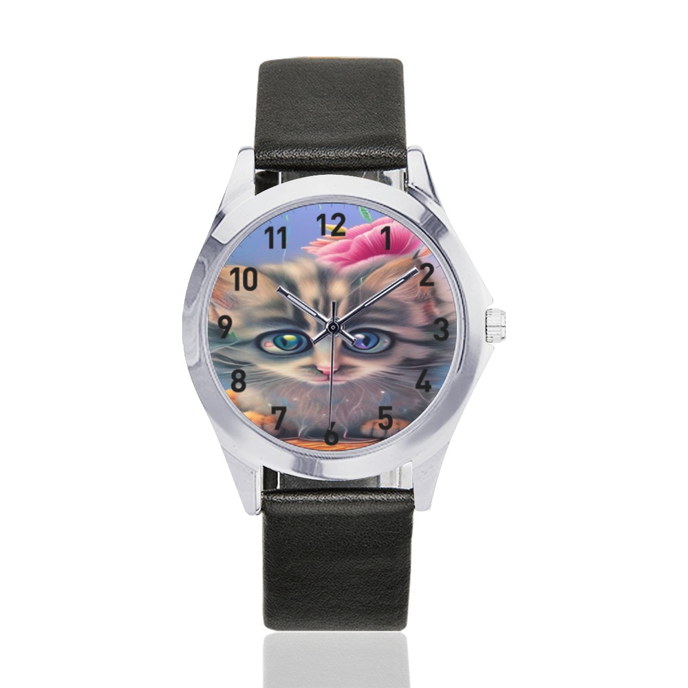 Cute Kittens 3 Unisex Silver-Tone Round Leather Watch (Model 216)