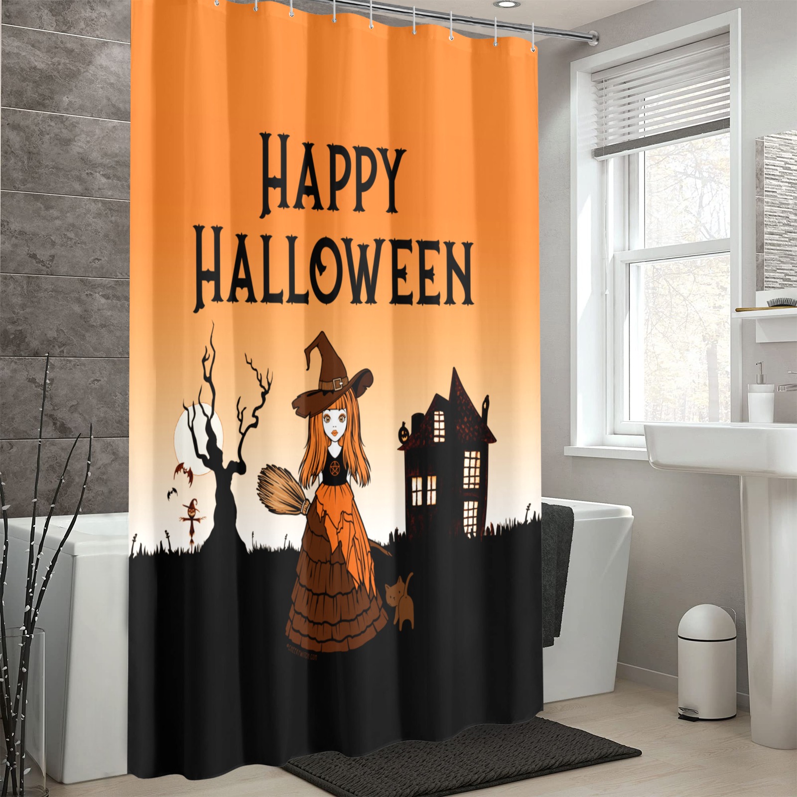 Orange Sky Happy Halloween Ckeeky Witch® Shower Curtain 69"x84"