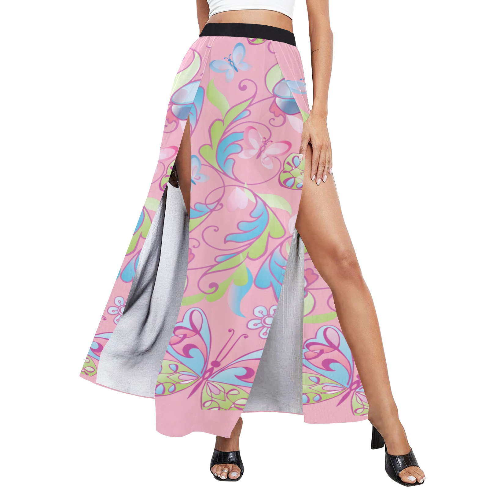 Pink Butterfly High Slit Long Beach Dress (Model S40)