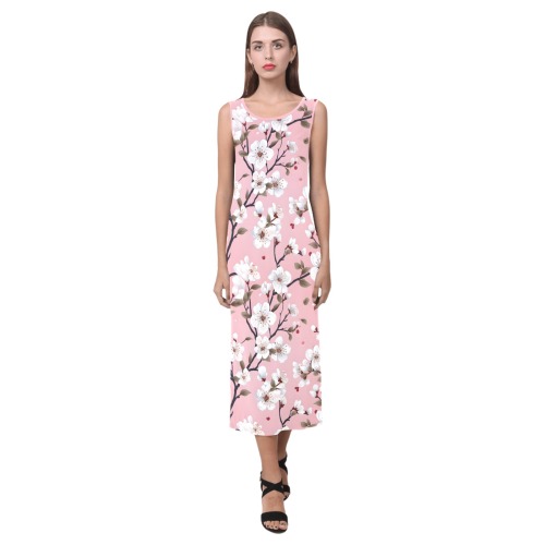 Cherry Blossoms  And Pink Pattern Phaedra Sleeveless Open Fork Long Dress (Model D08)
