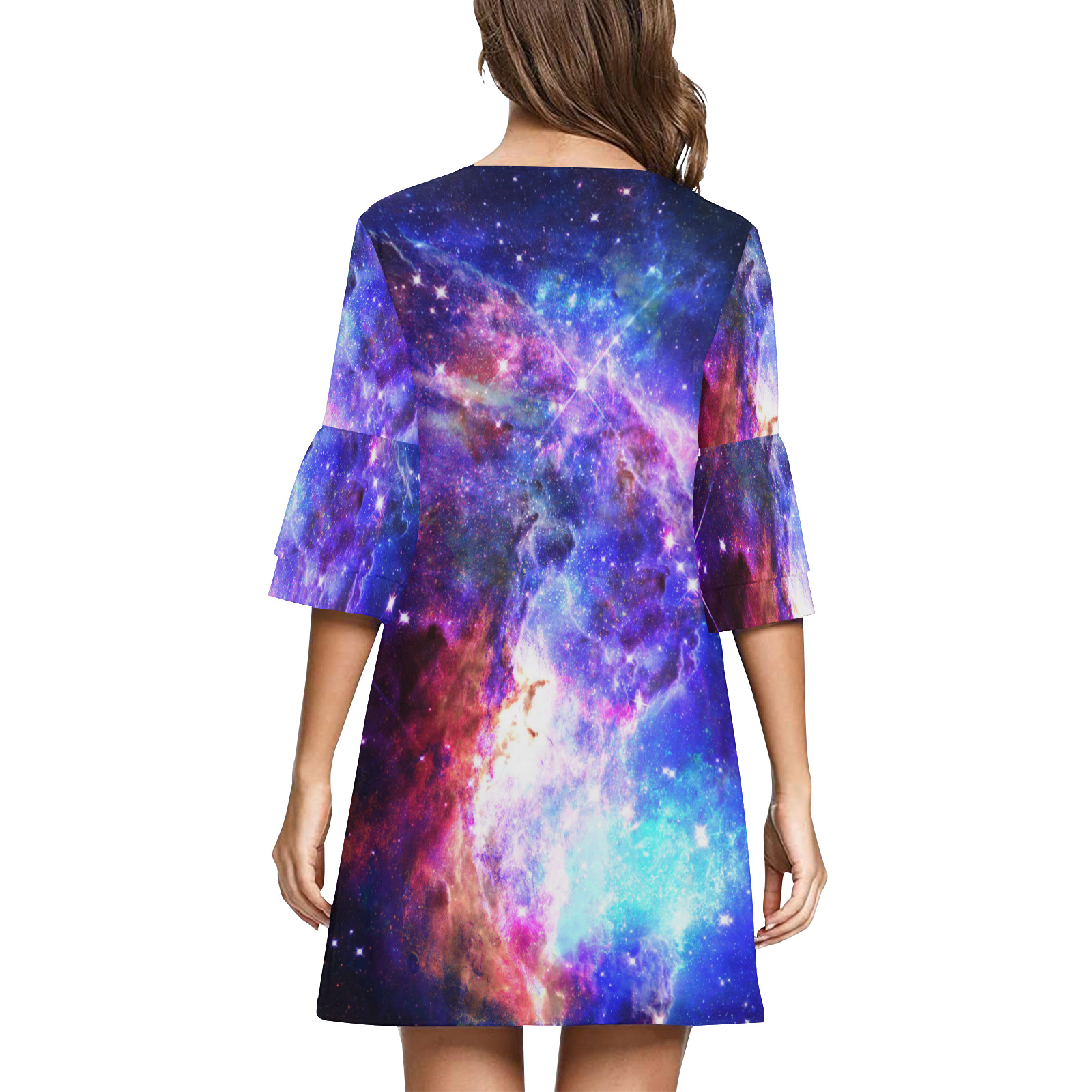 Mystical fantasy deep galaxy space - Interstellar cosmic dust Half Sleeves V-Neck Mini Dress (Model D63)