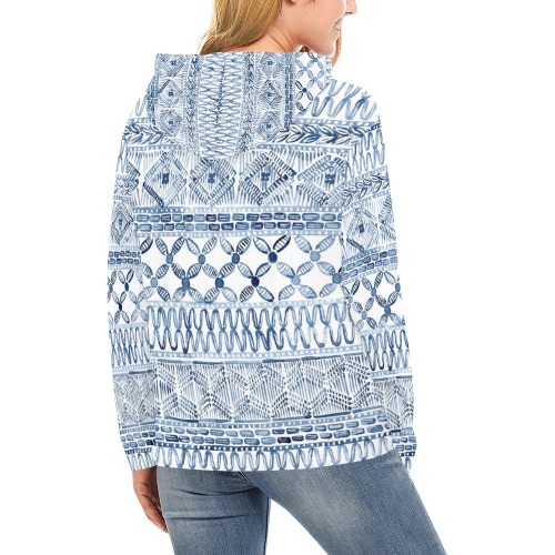 Indigo Folcloric  Pattern All Over Print Hoodie for Women (USA Size) (Model H13)