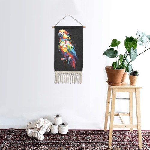 Beautiful colorful parrot bird and dripping paint. Linen Hanging Poster