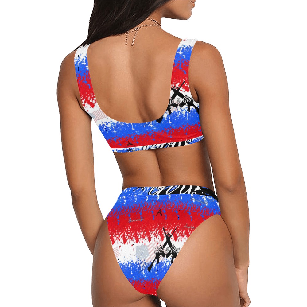 Girls n Guns patriotic print Sport Top & High-Waisted Bikini Swimsuit (Model S07)