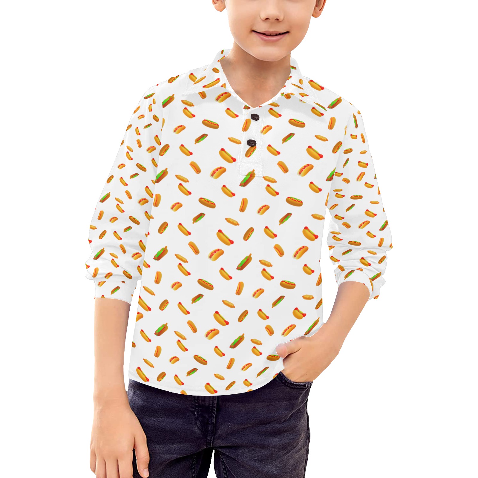 Hot Dog Pattern on White Big Boys' All Over Print Long Sleeve Polo Shirt (Model T73)