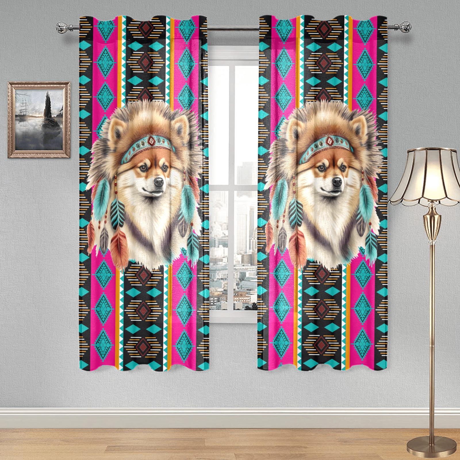 Native American Pomeranian Gauze Curtain 28"x63" (Two-Piece)
