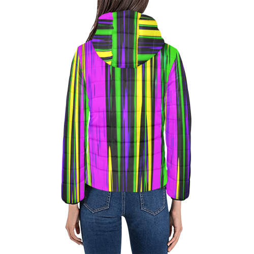 Mardi Gras Stripes Women's Padded Hooded Jacket (Model H46)