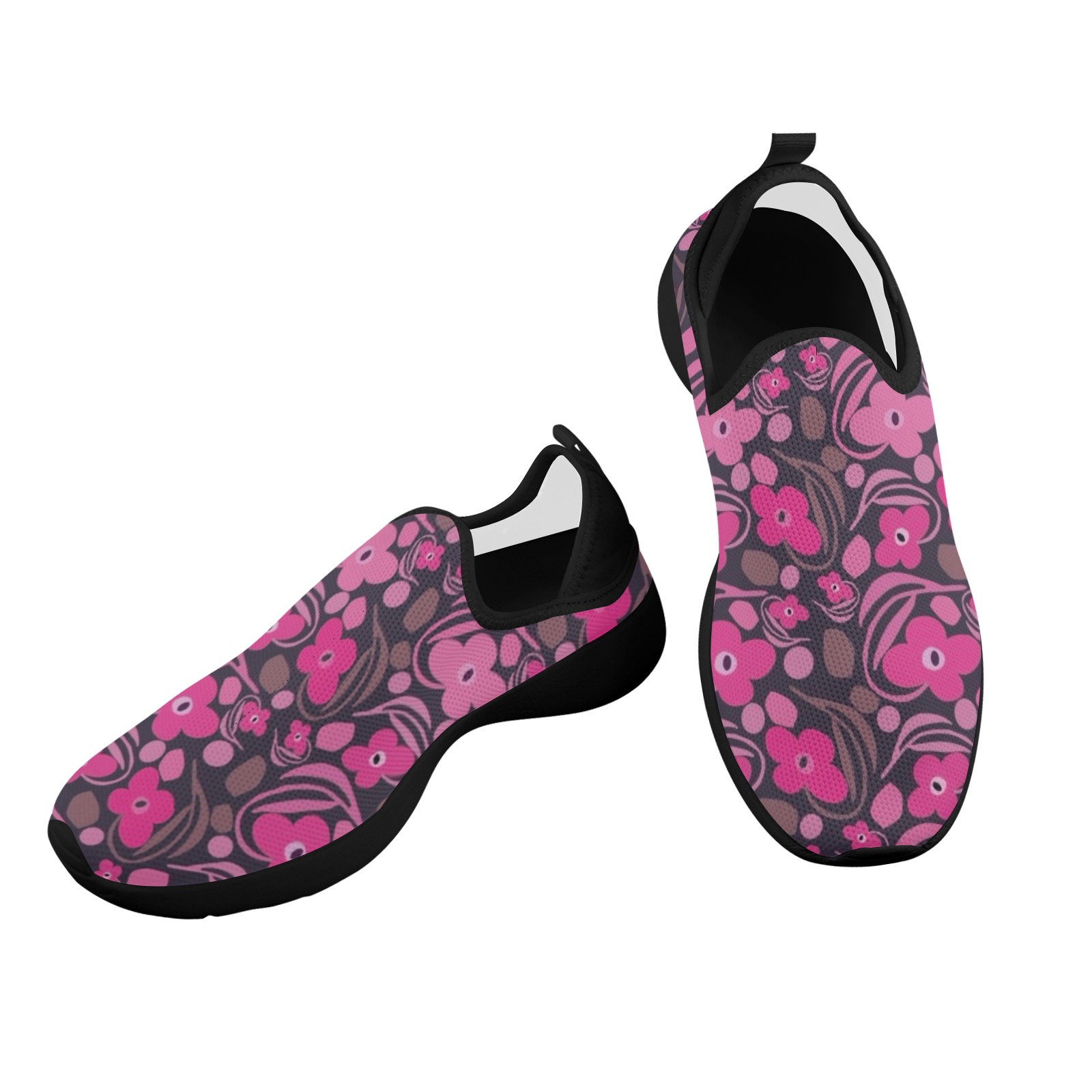 Retro pink floral Fly Weave Drop-in Heel Sneakers for Women (Model 02002)