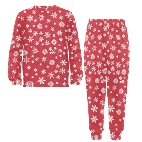 Christmas  White Snowflakes on Red Big Girls' Crew Neck Long Pajama Set