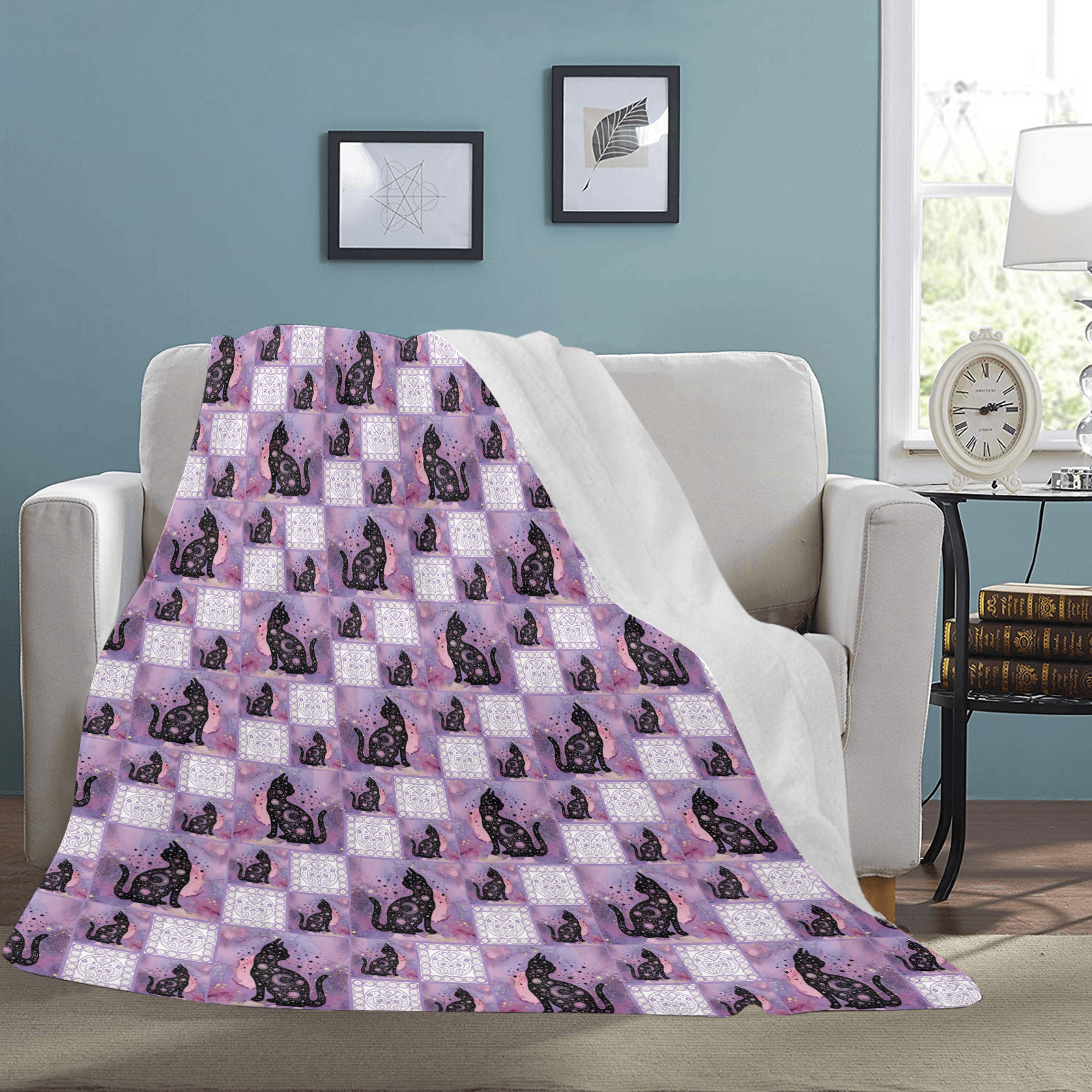 Purple Cosmic Cats Patchwork Pattern Ultra-Soft Micro Fleece Blanket 70''x80''