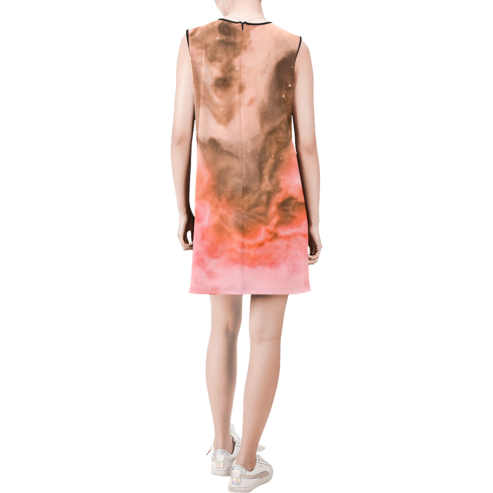 Pink marbled space 01 Sleeveless Round Neck Shift Dress (Model D51)