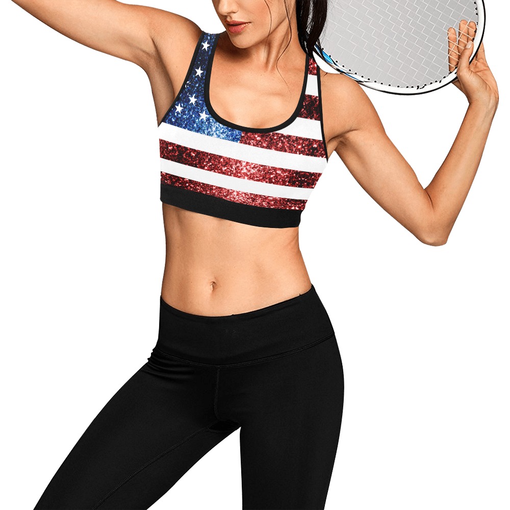 Sparkly USA flag America Red White Blue faux Sparkles patriotic bling 4th of July Women's All Over Print Sports Bra (Model T52)
