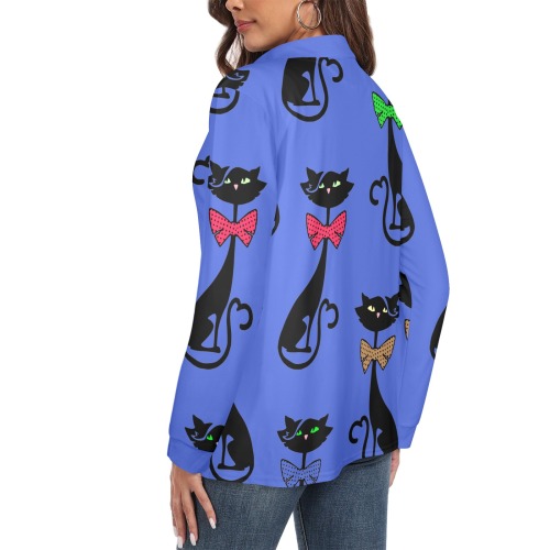Black Cat with Bow Ties / Blue Women's Long Sleeve Polo Shirt (Model T73)