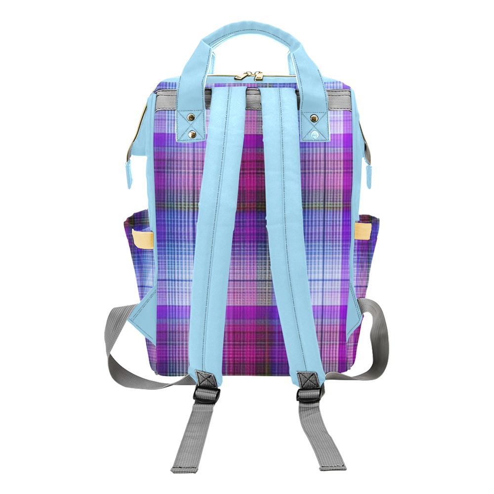 Purple Plaid w/Baby Blue Multi-Function Diaper Backpack/Diaper Bag (Model 1688)