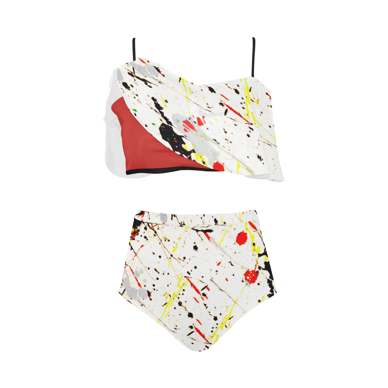 Yellow & Black Paint Splatter - Red High Waisted Ruffle Bikini Set (Model S13)