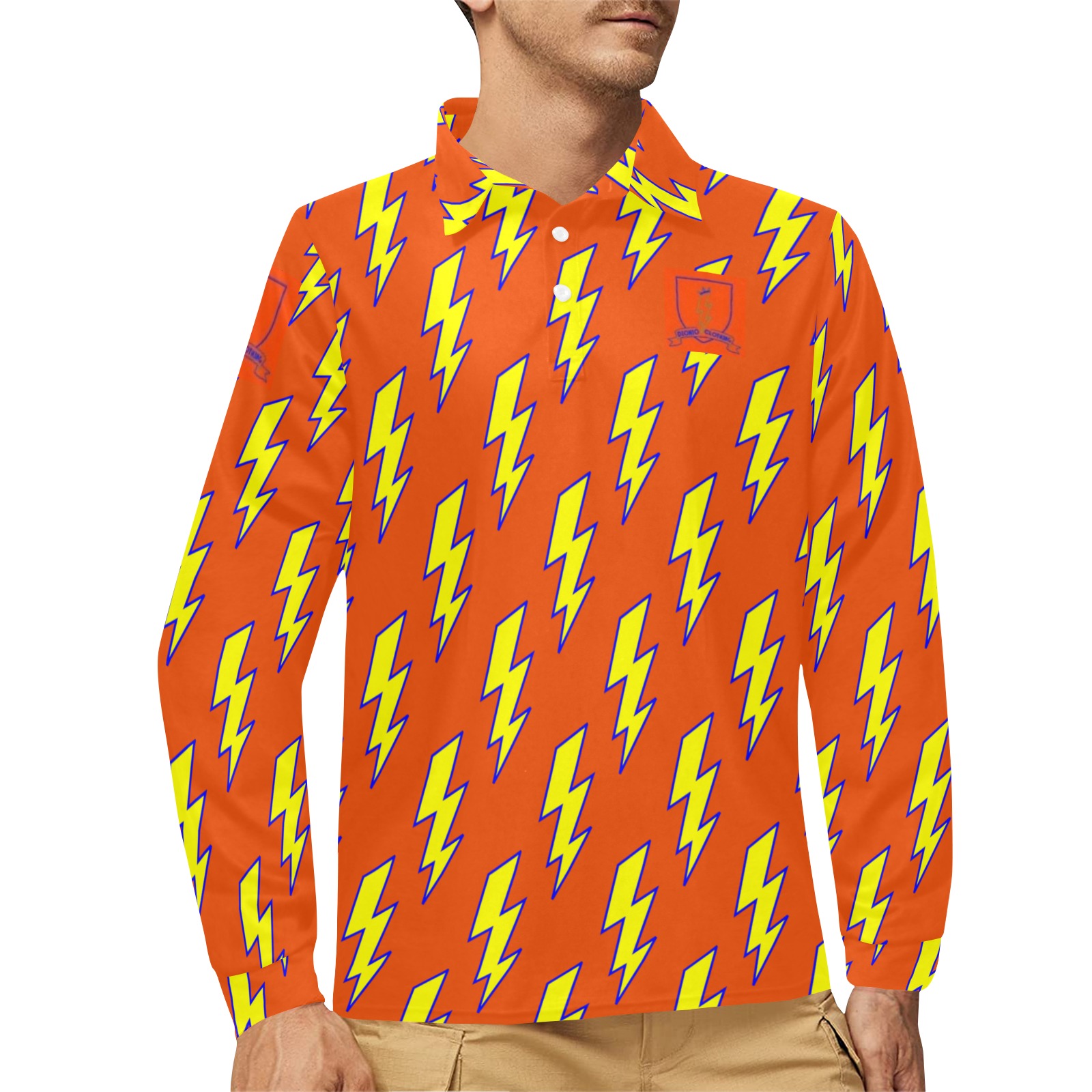 DIONIO Clothing - Lightning Strikes Repeat Polo Shirt # 3(Orange & Yellow) Men's Long Sleeve Polo Shirt (Model T73)