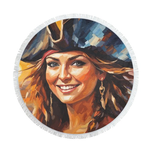 Lovely smiling pirate woman by the sea at sunset. Circular Beach Shawl Towel 59"x 59"