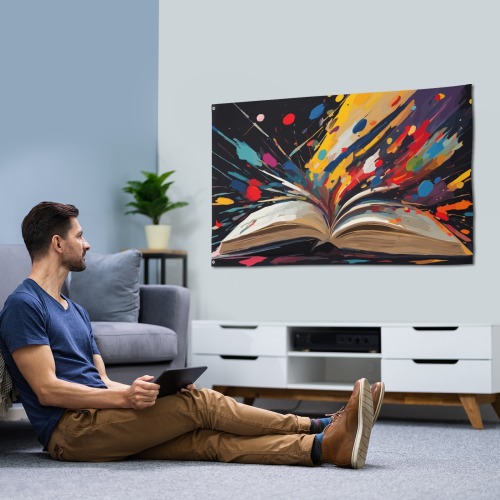 An open book and colorful paint strokes on black House Flag 56"x34.5"