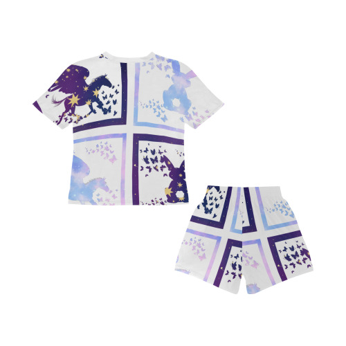 Bunny and Pegasus Together in Blue Patchwork Design Little Girls' Short Pajama Set