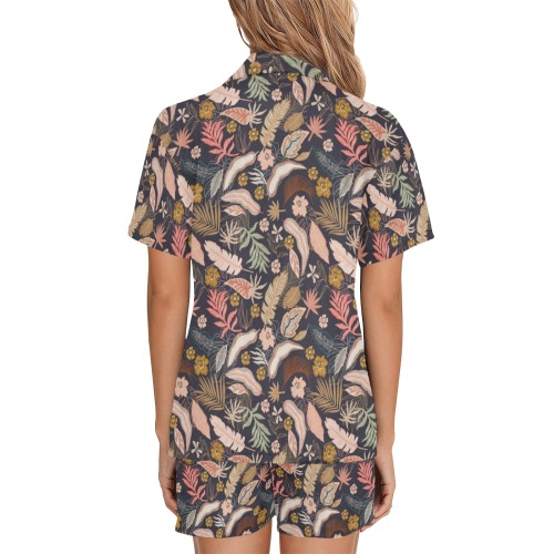 Dark_abstract_tropical_jungle Women's V-Neck Short Pajama Set
