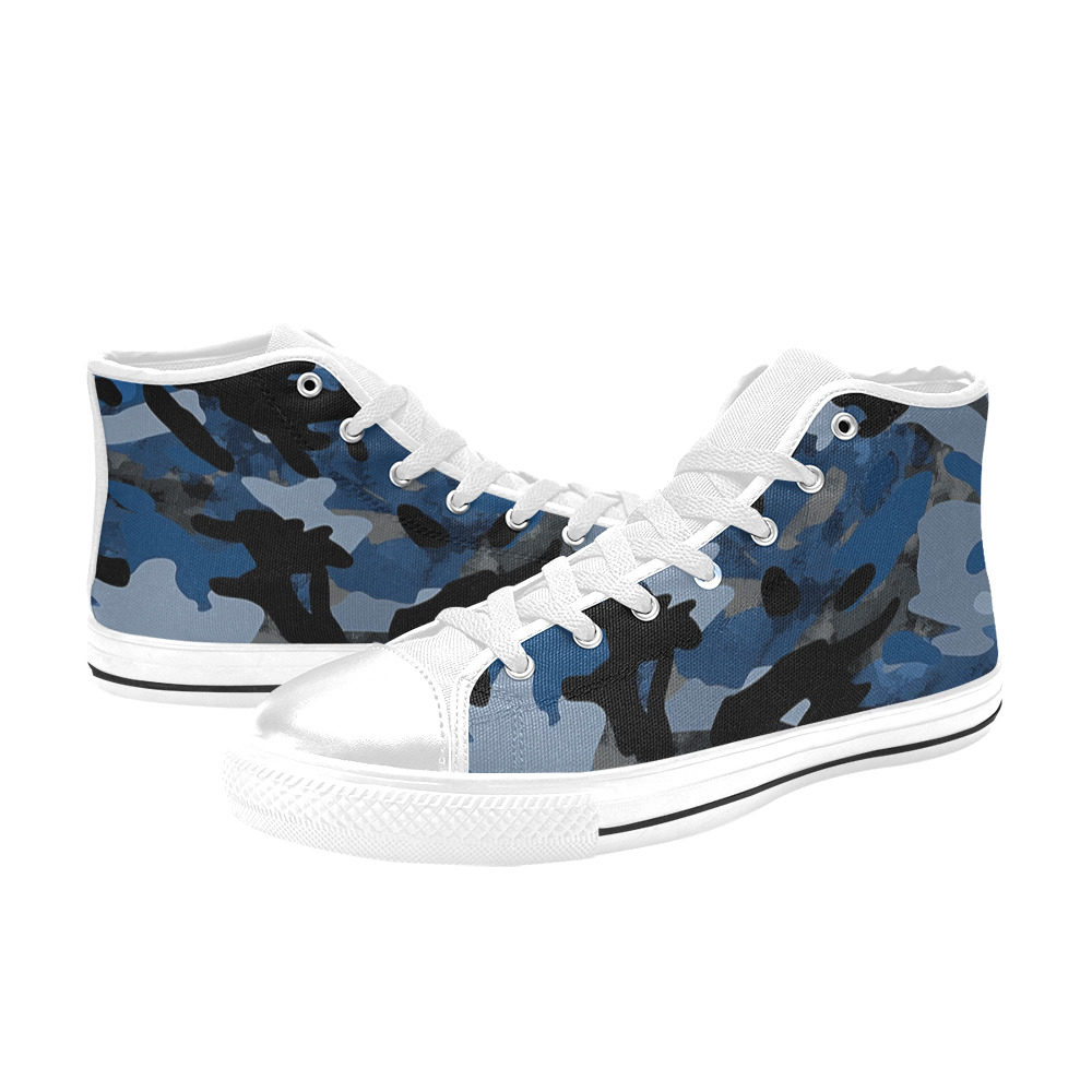 blue camo on white High Top Canvas Shoes for Kid (Model 017)