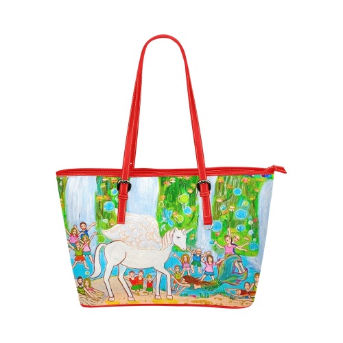 unicorn-red trim Leather Tote Bag/Small (Model 1651)